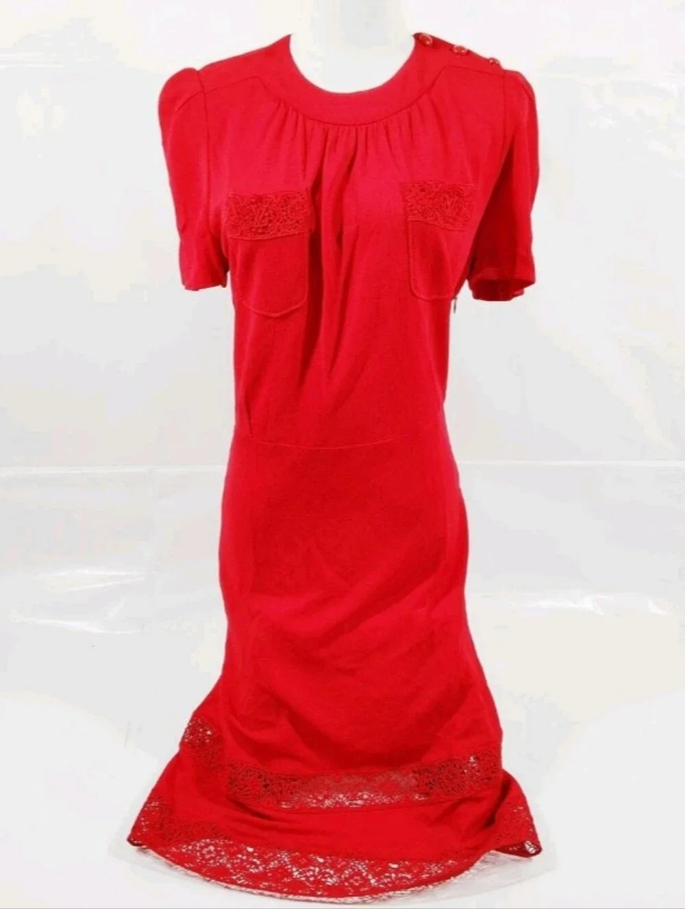 Louis Vuitton Red Short Sleeve Rayon Silk Cotton Polyester Lace Trim Midi Dress